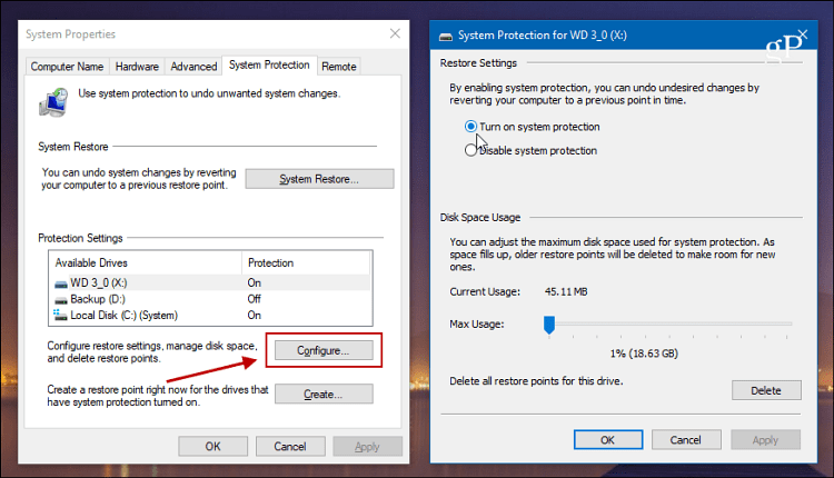 Enable system restore windows 10 gpo